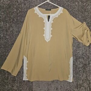 Daupanzees Tan Crochet Lace Trim Roll Tab Sleeve V-Neck Tunic Blouse Khaki XL
